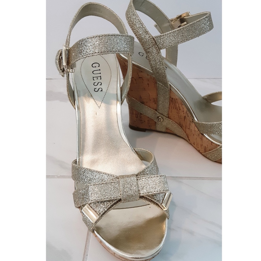 Guess Gold Glitter Wedge Summer Strap Sandals